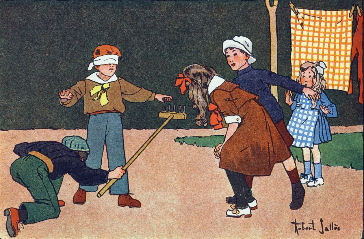 Colin maillard (colin-maillard). Indgravering i "" Hvad spiller vi? “” af E. Weber med akvareltegninger af Robert Salles (1871-1929). Librairie Garnier Freres, Paris af Robert Salles