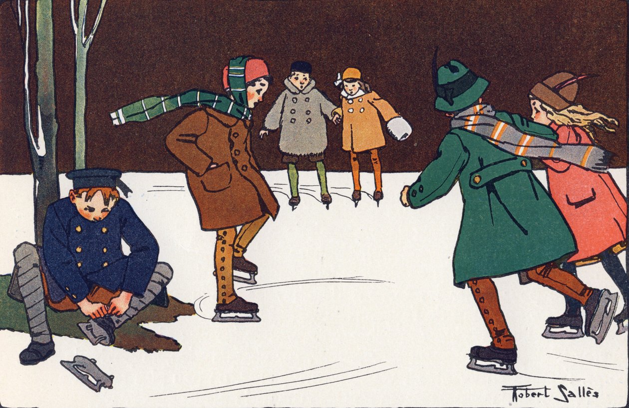 Skøjteløb. Indgravering i "" Hvad spiller vi? “” af E. Weber med akvareltegninger af Robert Salles (1871-1929). Librairie Garnier Freres, Paris af Robert Salles