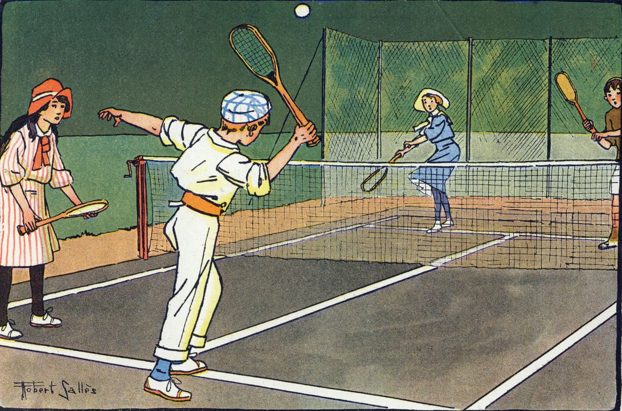 Plænetennis. Indgravering i "" Hvad spiller vi? “” af E. Weber med akvareltegninger af Robert Salles (1871-1929). Librairie Garnier Freres, Paris af Robert Salles