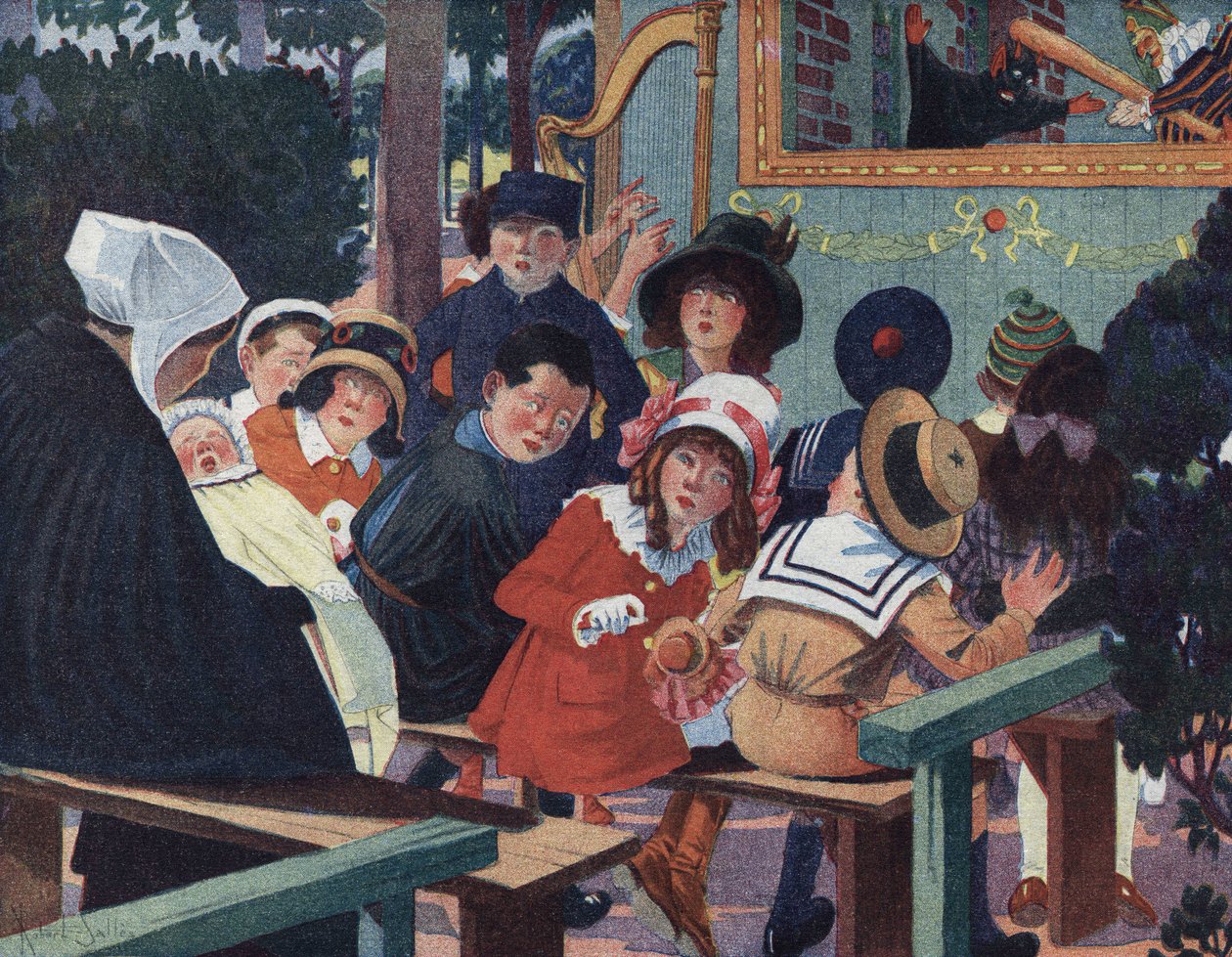 Dukketeater: Børn i guignol-teatret bliver forvirrede af en grædende baby. Illustration af Robert Salles (1871-1929) i "" Je sais Lire"". af Robert Salles