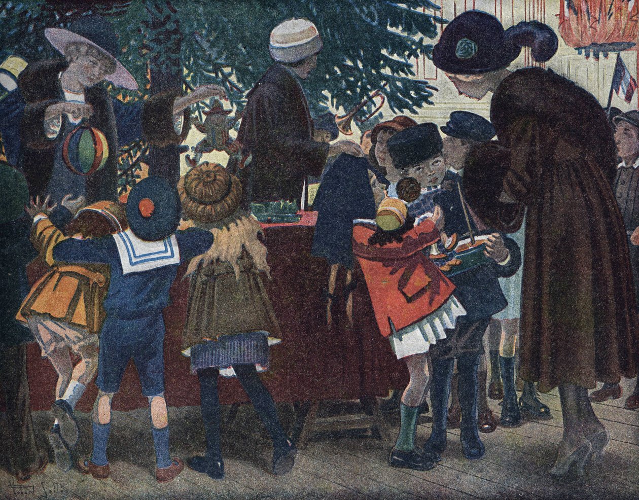 Juletræet fra Alsace fra Lorraine: børn fra Alsace og Lorraine (Alsace-Lorraine) kommer for at hente deres gaver omkring juletræet, der tilbydes byen. Illustration af Robert Salles (1871-1929) i "" Je sais Lire"". af Robert Salles