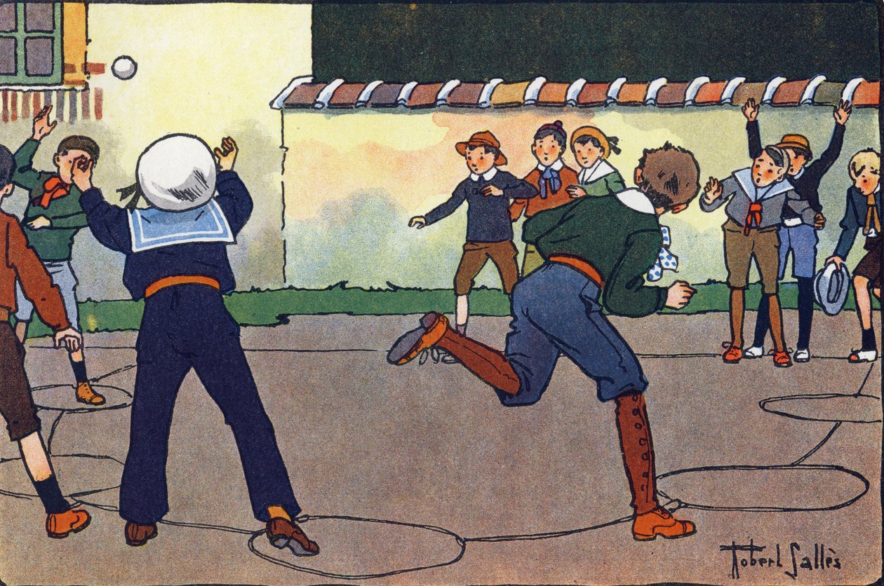 Bolden i lejren (eller fangebold eller jægerbold). Indgravering i "" Hvad spiller vi? “” af E. Weber med akvareltegninger af Robert Salles (1871-1929). Librairie Garnier Freres, Paris af Robert Salles
