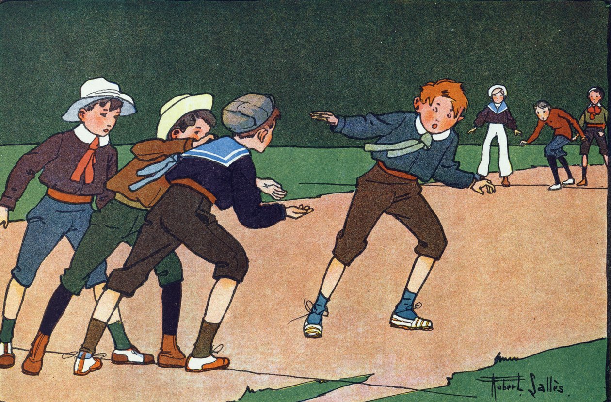 Barerne (holdspil, hvor man diskret skal gå til den modsatte lejr symboliserer ved en linje på jorden for at gøre fanger). Indgravering i "" Hvad spiller vi? “” af E. Weber med akvareltegninger af Robert Salles (1871-1929). Librairie Garnier af Robert Salles