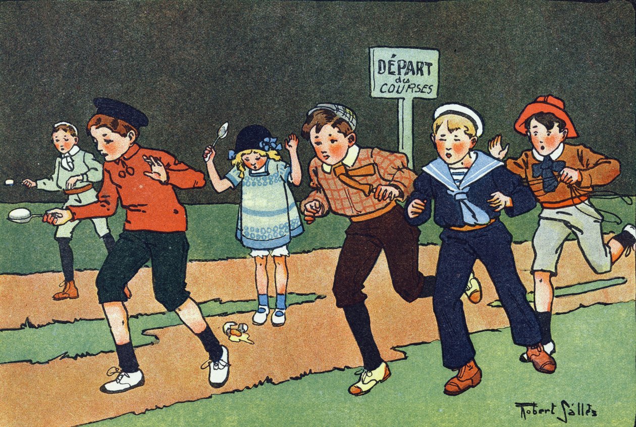 Æggeløbet. Indgravering i "" Hvad spiller vi? “” af E. Weber med akvareltegninger af Robert Salles (1871-1929). Librairie Garnier Freres, Paris af Robert Salles