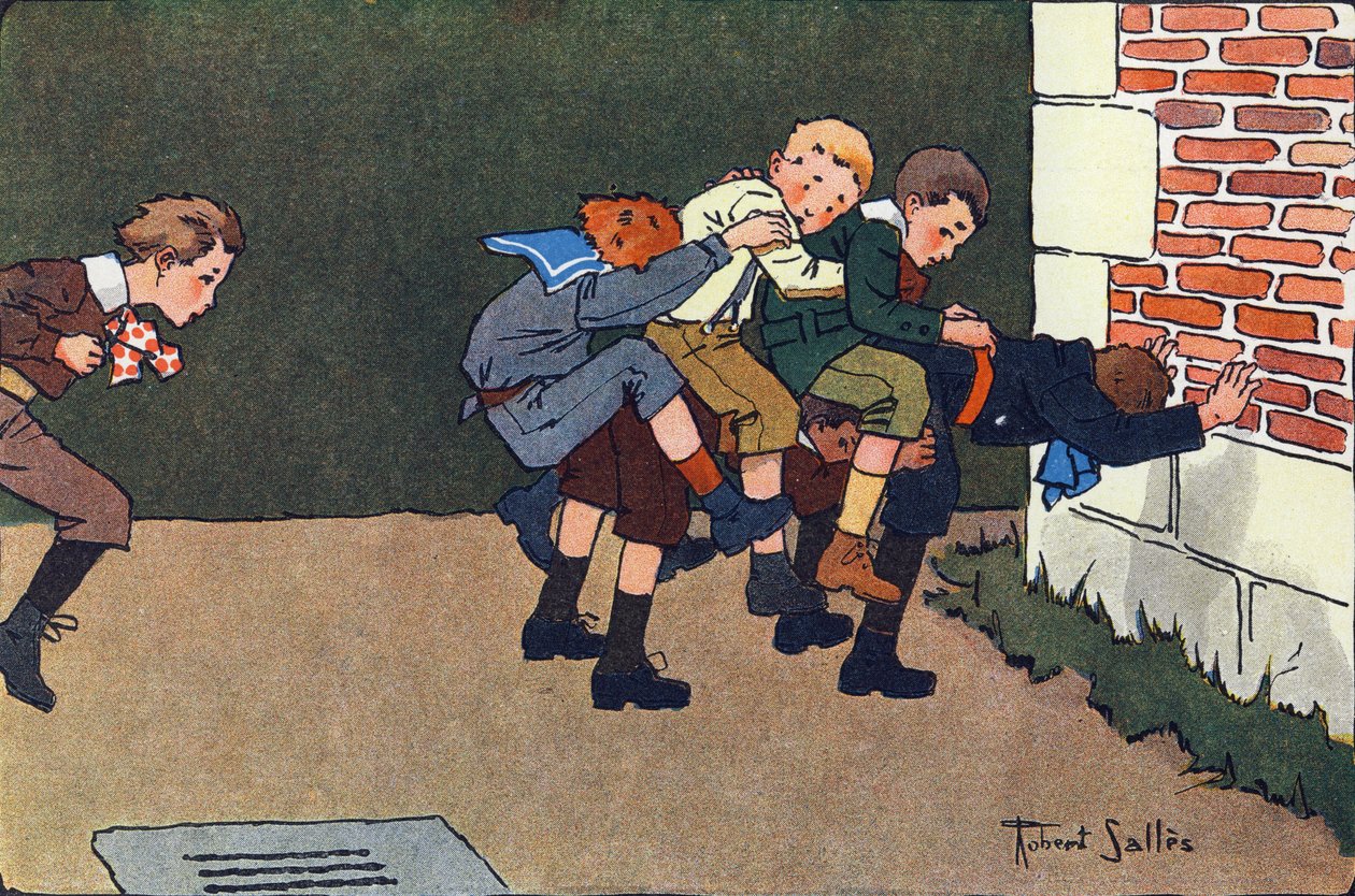 Hesten smeltede (når du hopper, skal du hoppe en caliphurchon på ryggen af et andet barn, uden at banke de andre). Indgravering i "" Hvad spiller vi? “” af E. Weber med akvareltegninger af Robert Salles (1871-1929). Librairie Garnier Frere af Robert Salles