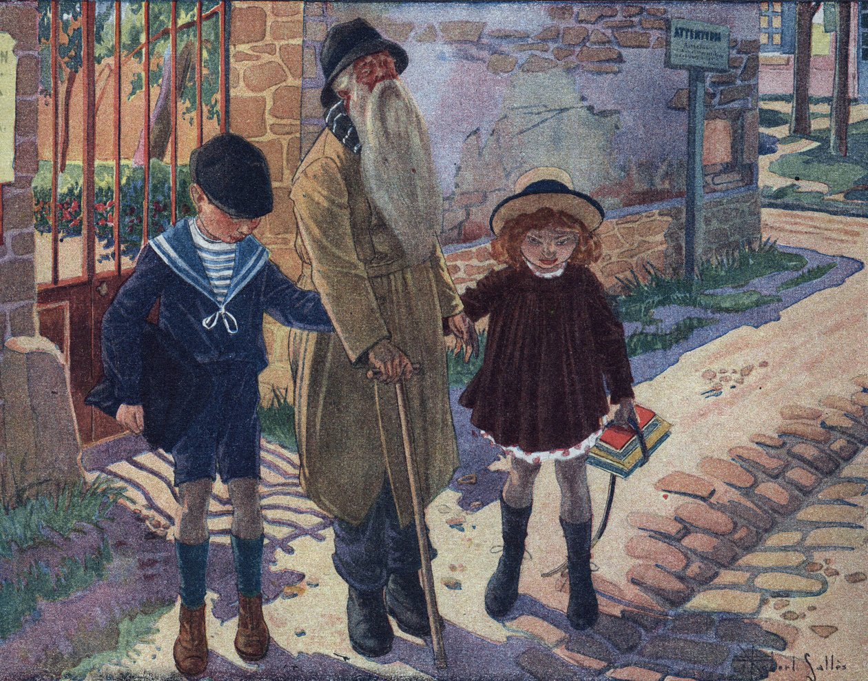 De blindes pind: to børn hjælper en blind gammel mand med at gå. Illustration af Robert Salles (1871-1929) i "" Je sais Lire"". af Robert Salles