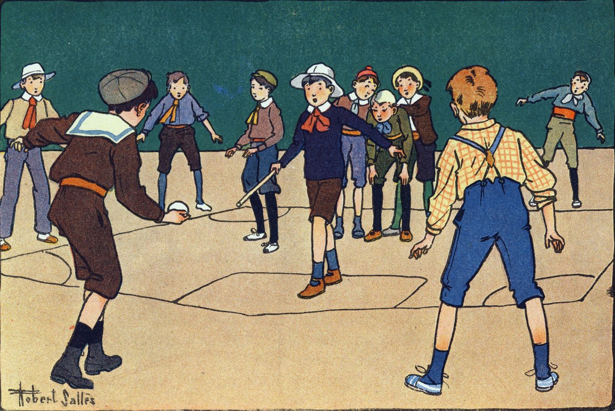 Theque (holdspil med bold og stok). Indgravering i "" Hvad spiller vi? “” af E. Weber med akvareltegninger af Robert Salles (1871-1929). Librairie Garnier Freres, Paris af Robert Salles