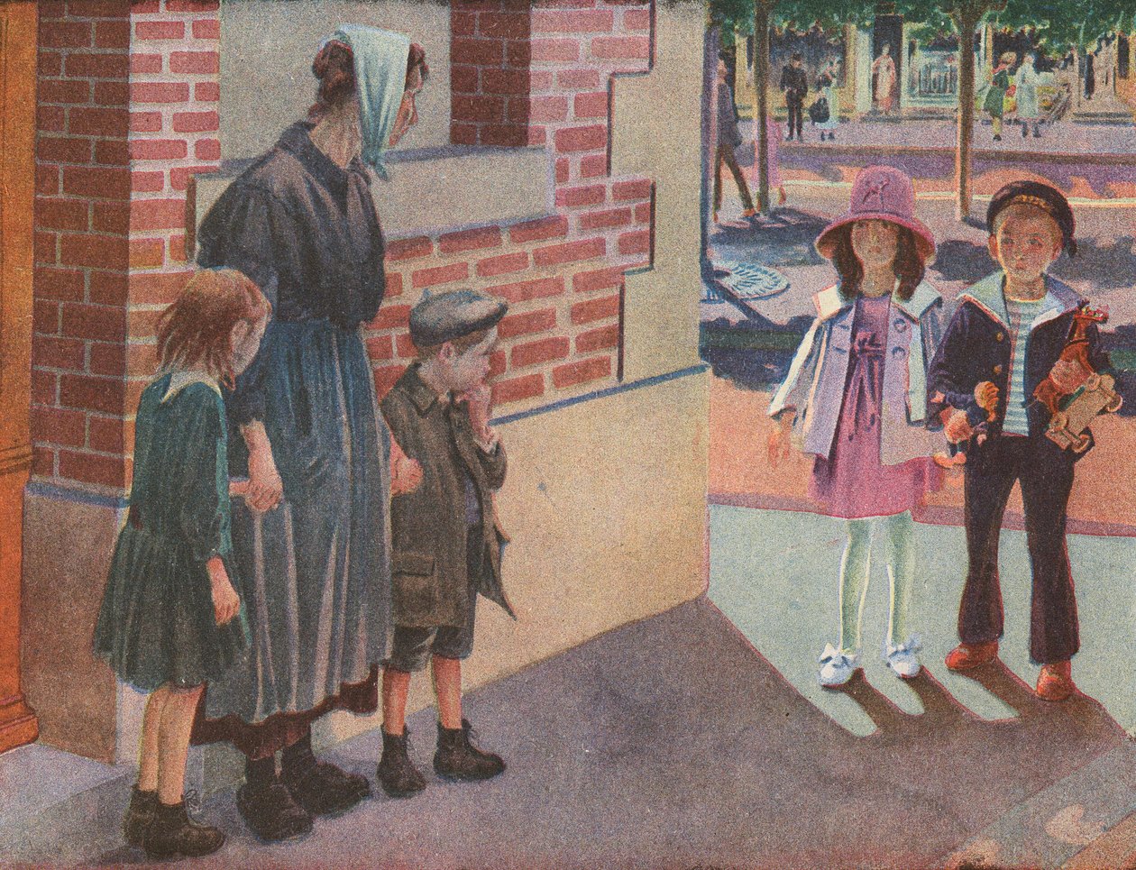 To velhavende børn møder en fattig mor og hendes børn, der tigger på gaden (farvelitografi) af Robert Salles