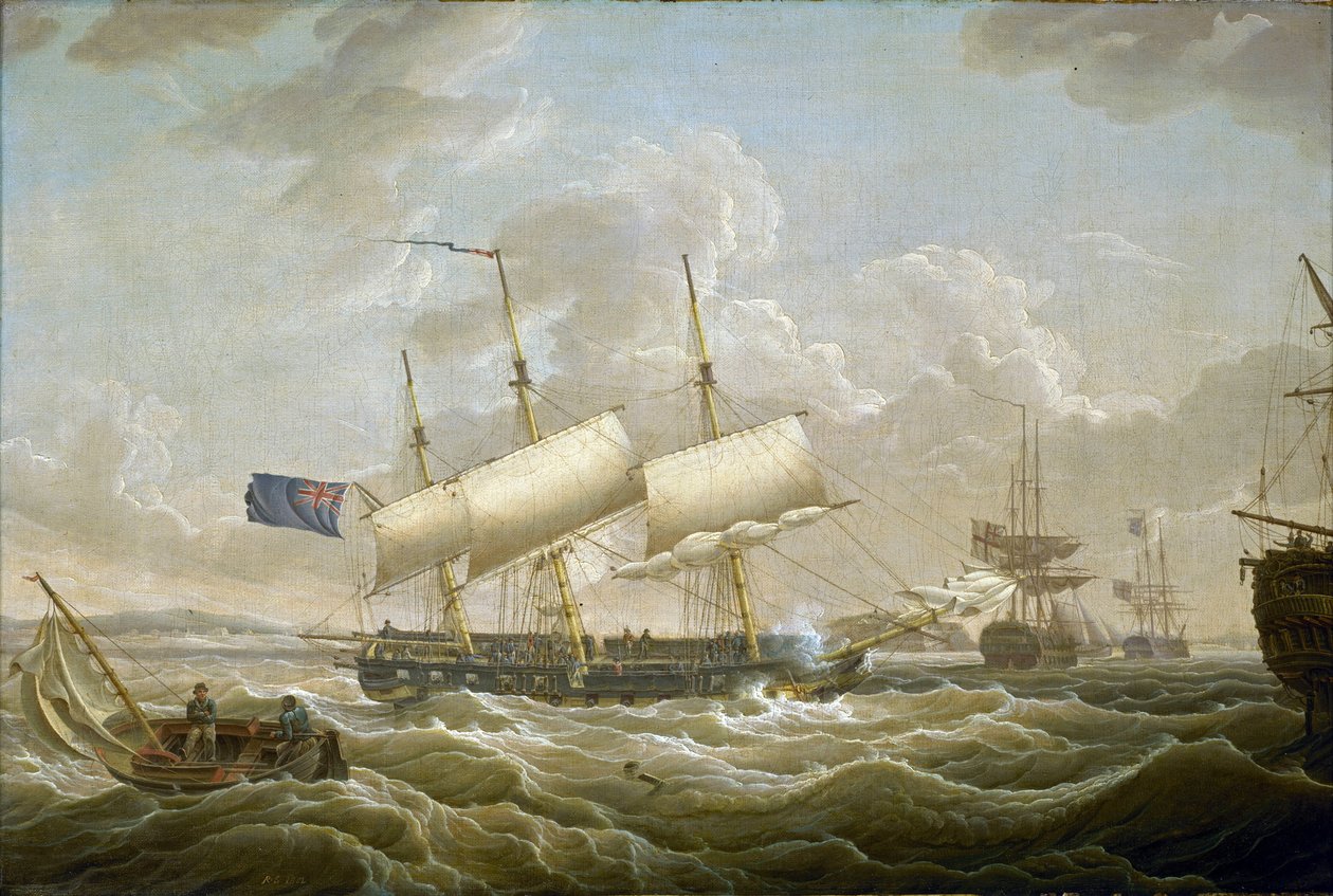 En fregat ligger for anker i Mersey (flod i det nordvestlige England). Fort Perch Rock er synlig i horisonten. Olie på lærred af Robert Salmon