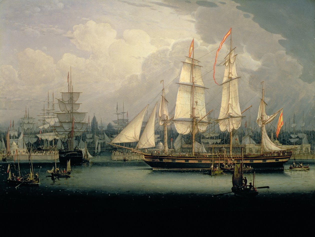 Firmastet klipperskib i Liverpools havn, ca.1810 af Robert Salmon
