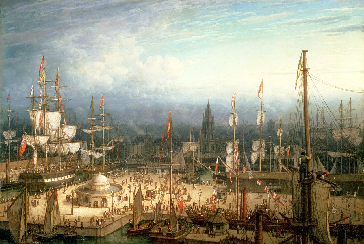 Fire-mastet klipperskib i Liverpools havn, ca. 1810 af Robert Salmon