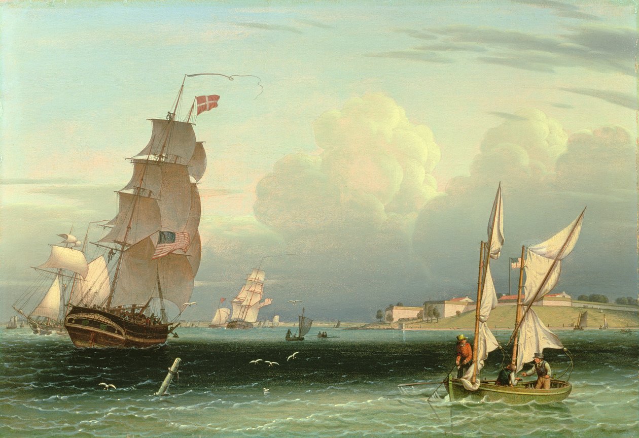 Skib på vej ud, Fort Independence, Boston Harbour, 1832 af Robert Salmon