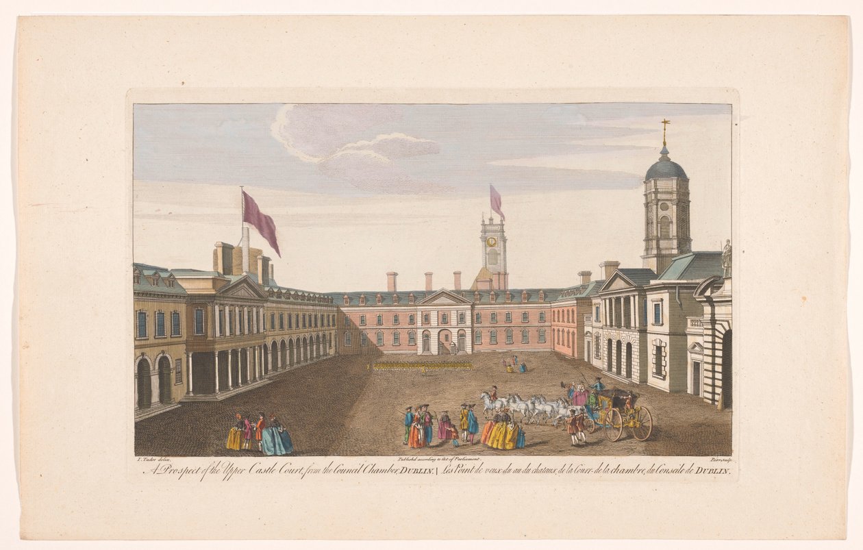 Oversigt over Upper Castle Yard fra Dublin Castle En udsigt til Upper Castle Court, fra Council Chamber, Dublin (titel på objekt) af Robert Sayer (possibly)