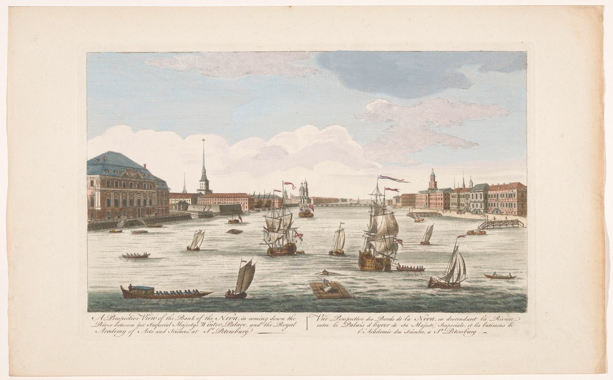 Udsigt over Neva-floden i Sankt Petersborg, set nedstrøms Et perspektivbillede af bredden af ​​Neva, når du kommer ned ad floden (...) (titel på objektet) af Robert Sayer (possibly)