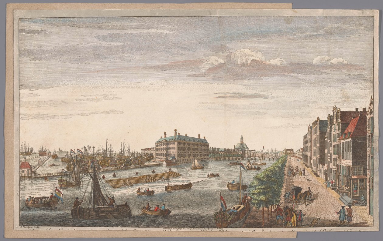 Oversigt over Admiraliteitsmagazijn i Amsterdam En udsigt over admiralitetet i Amsterdam, af de dertil hørende butikshuse, kajer og kajer og til det østindiske kompagni af Holland (titel på objektet) af Robert Sayer (possibly)