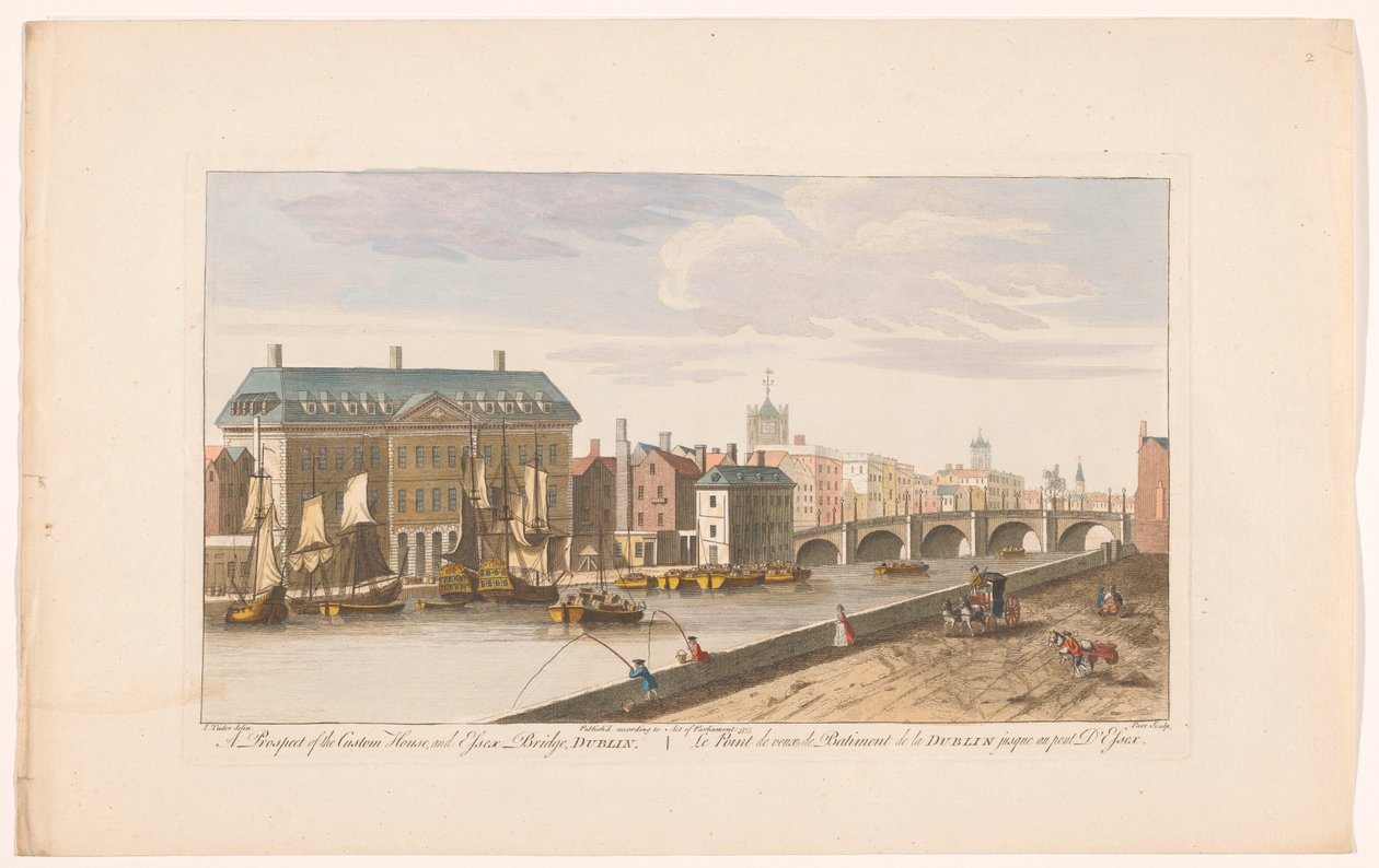 Udsigt over Custom House og Essex Bridge over floden Liffey i Dublin En udsigt til Custom House og Essex Bridge, Dublin (titel på objekt) af Robert Sayer (possibly)