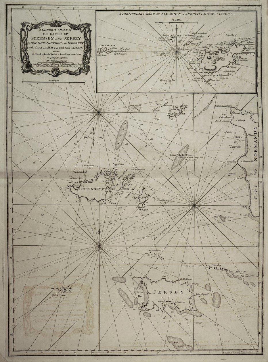 Et generelt kort over øerne Guernsey og Jersey, Sark, Herm, Jethou og Alderney, med Cape la Hague og Caskets. af Robert Sayer
