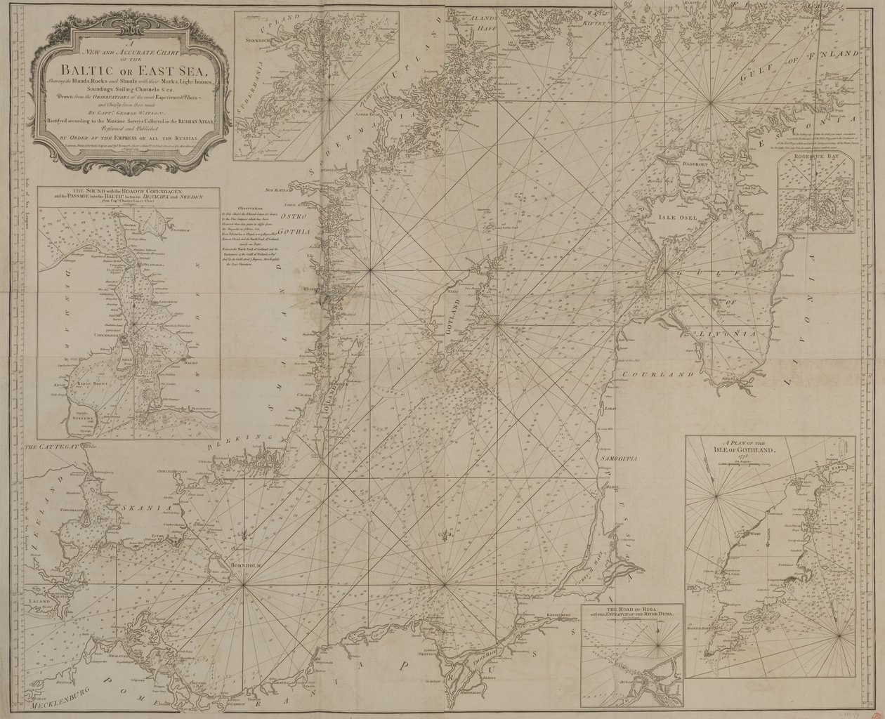 Et nyt og nøjagtigt kort over Østersøen eller Østhavet, der viser øer, klipper og grunde med deres mærker, fyrtårne, pejlinger og sejlrender. af Robert Sayer