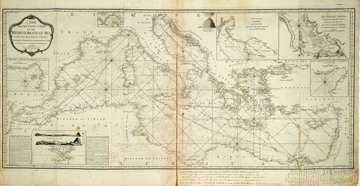 Et nyt og nøjagtigt kort over Middelhavet fra de seneste opmålinger, fastslået og reguleret af astronomiske observationer af Robert Sayer