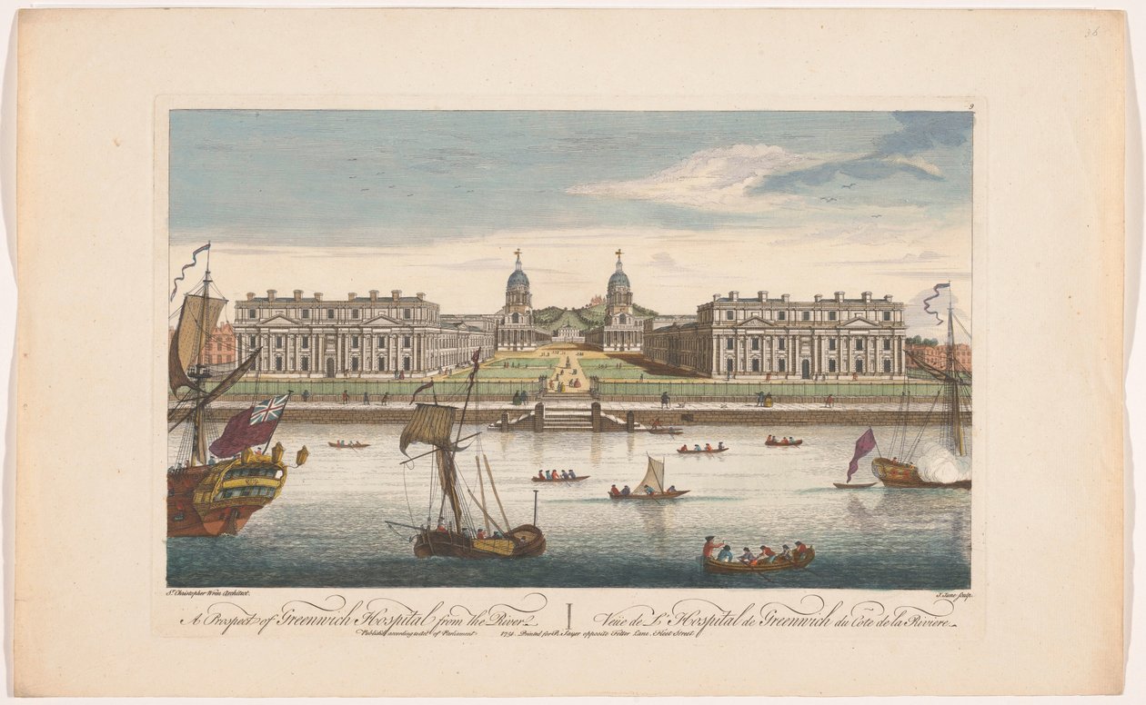 Udsigt over Greenwich Hospital ved Themsen ved Greenwich En udsigt til Greenwich Hospital fra floden (titel på objekt) London (serietitel) af Robert Sayer