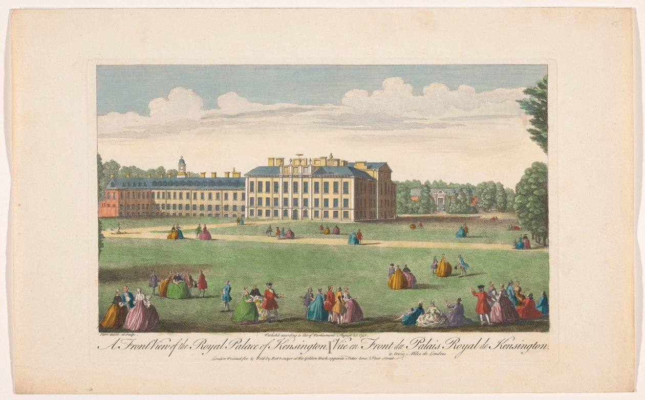 Udsigt over Kensington Palace i London Et frontbillede af Royal Palace of Kensington (titel på objektet) London (serietitel) af Robert Sayer