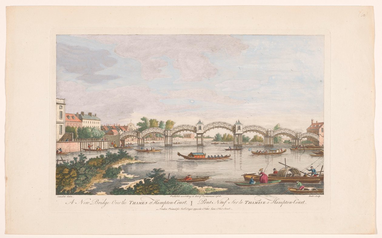 Udsigt over Hampton Court Bridge over Themsen mellem Hampton og East Molesey En ny bro over Themsen ved Hampton Court (titel på objekt) af Robert Sayer
