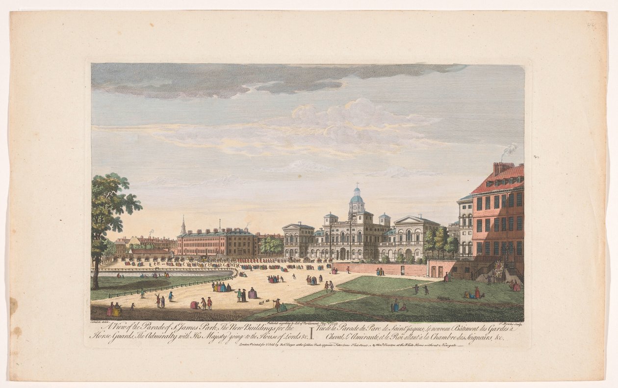 Udsigt over Horse Guards Parade i London med George II Augustus, konge af Storbritannien, afgang til House of Lords Udsigt over paraden i St. James Park, de nye bygninger til hestevagterne, Admiralitetet med Hans Majestæt på vej til af Robert Sayer