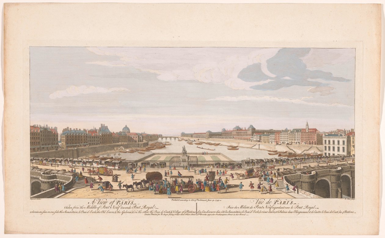 Udsigt over Pont Neuf over Seinen i Paris, med udsigt til Pont Royal En udsigt over Paris, taget fra midten af ​​Pont Neuf mod Pont Royal (...) (titel på objektet) Paris (serietitel) af Robert Sayer