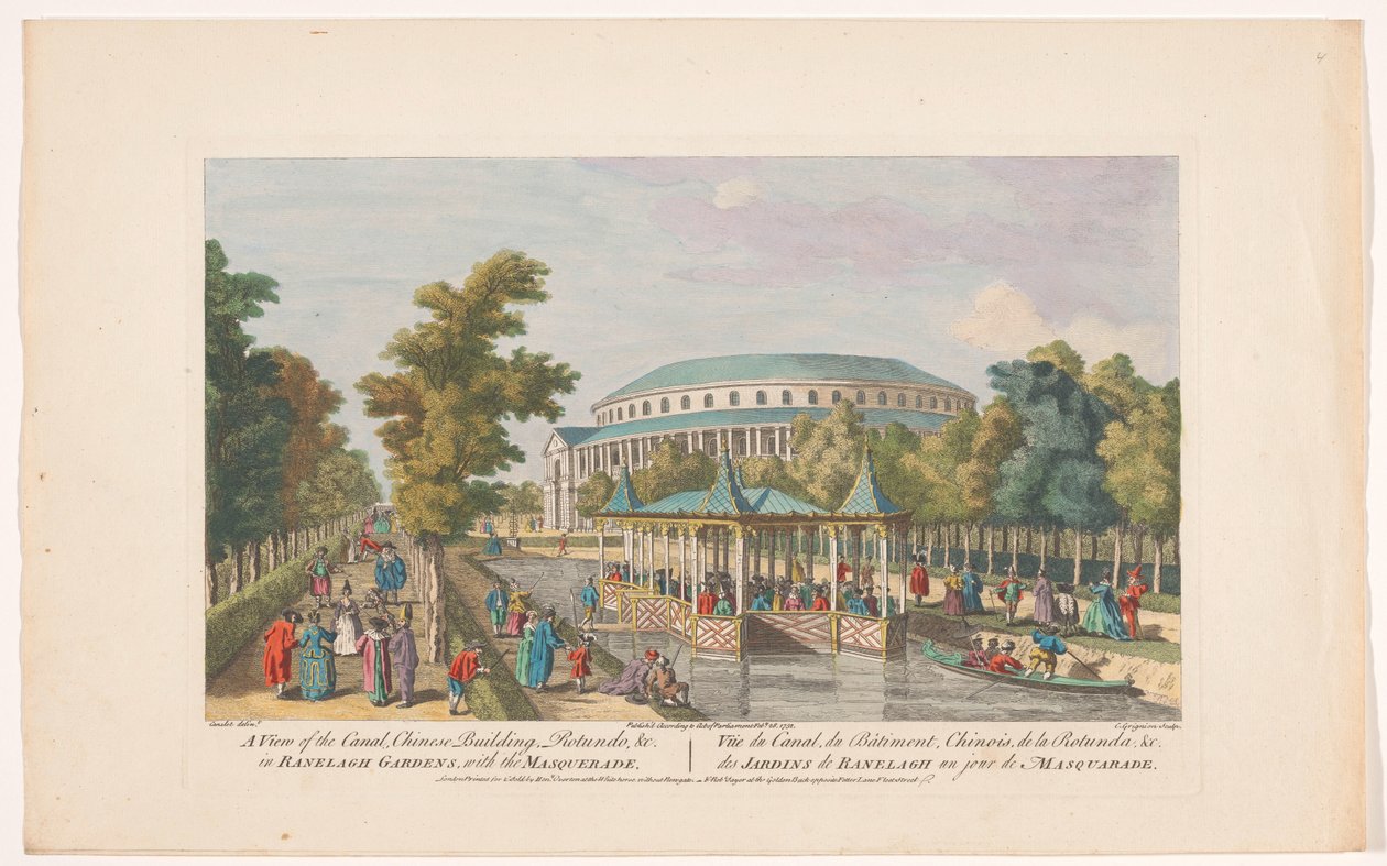 Udsigt over Rotunden og den kinesiske pavillon på kanalen i Londons Ranelagh Gardens med et maskeradebal Udsigt over kanalen, kinesisk bygning, Rotundo osv. ved Ranelagh Gardens, med maskeraden (titel på objektet) Ranelagh Gardens og Vauxhall G af Robert Sayer