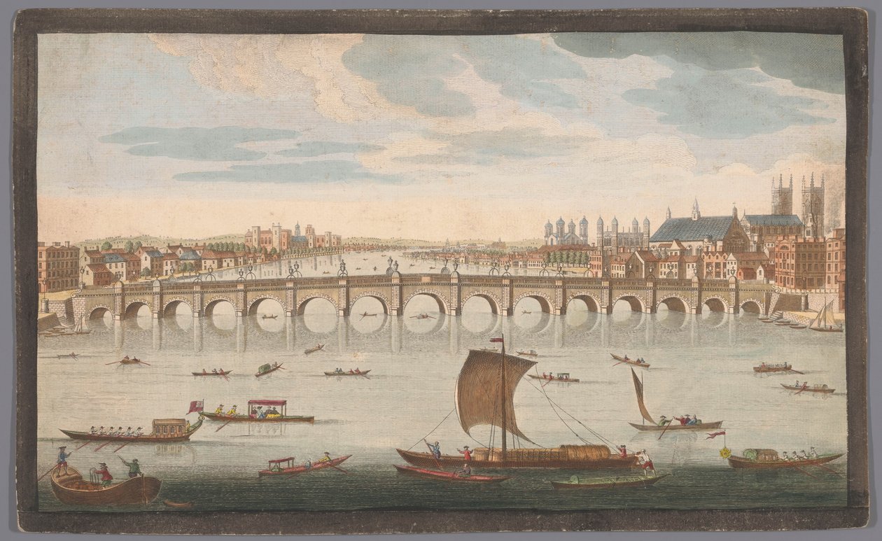 Udsigt over Westminster Bridge over Themsen i London, set fra nord En sydlig udsigt over Westminster Bridge (titel på objekt) af Robert Sayer
