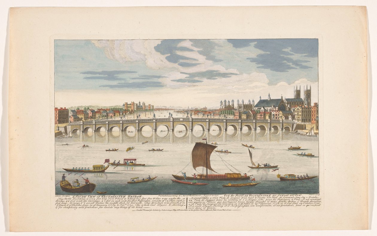 Udsigt over Westminster Bridge over Themsen i London, set fra nord En sydlig udsigt over Westminster Bridge (titel på objekt) af Robert Sayer