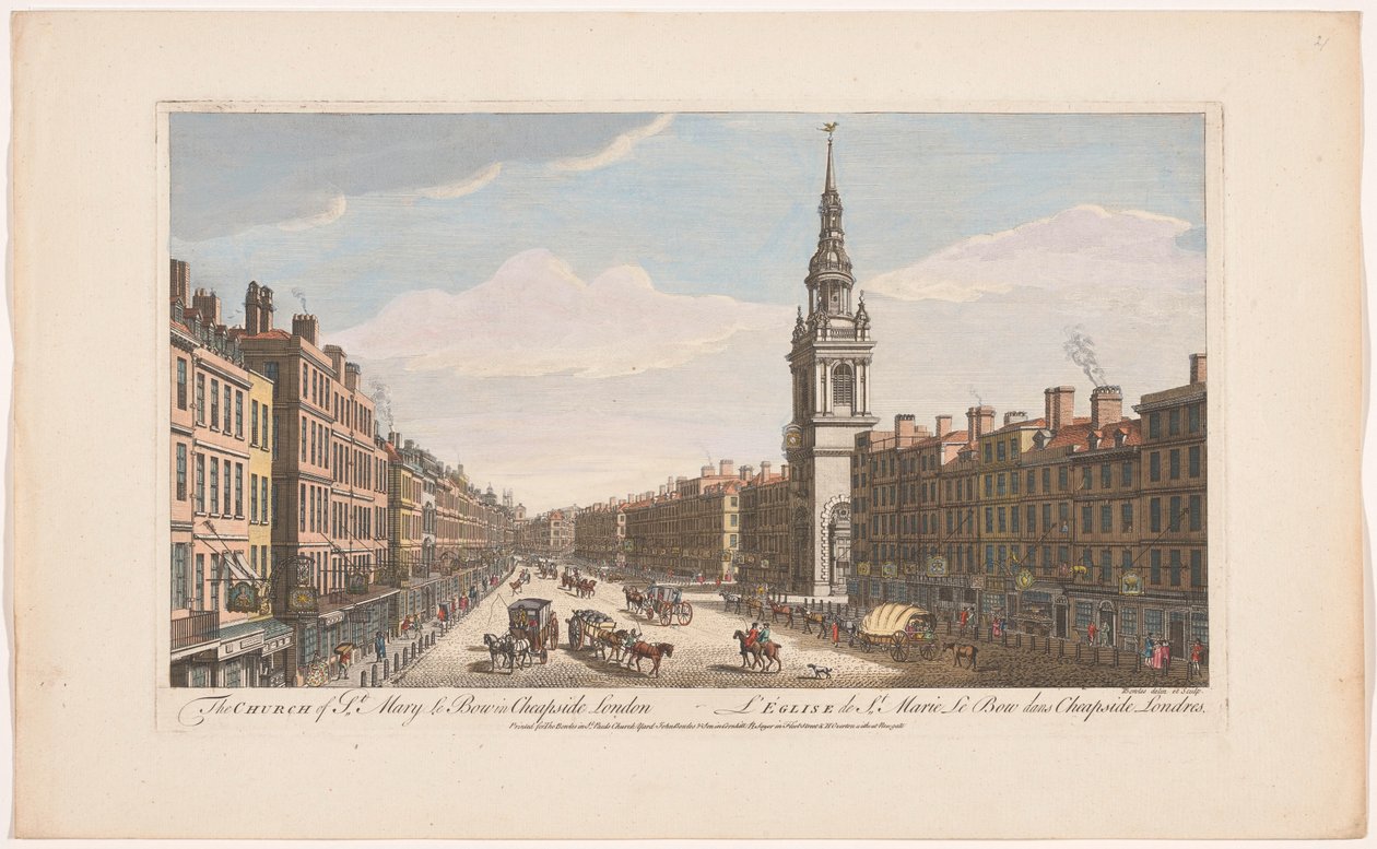 Udsigt over Saint Mary-le-Bow kirken på Cheapside street i London Kirken St Mary le Bow i Cheapside London (titel på objekt) London (serietitel) af Robert Sayer
