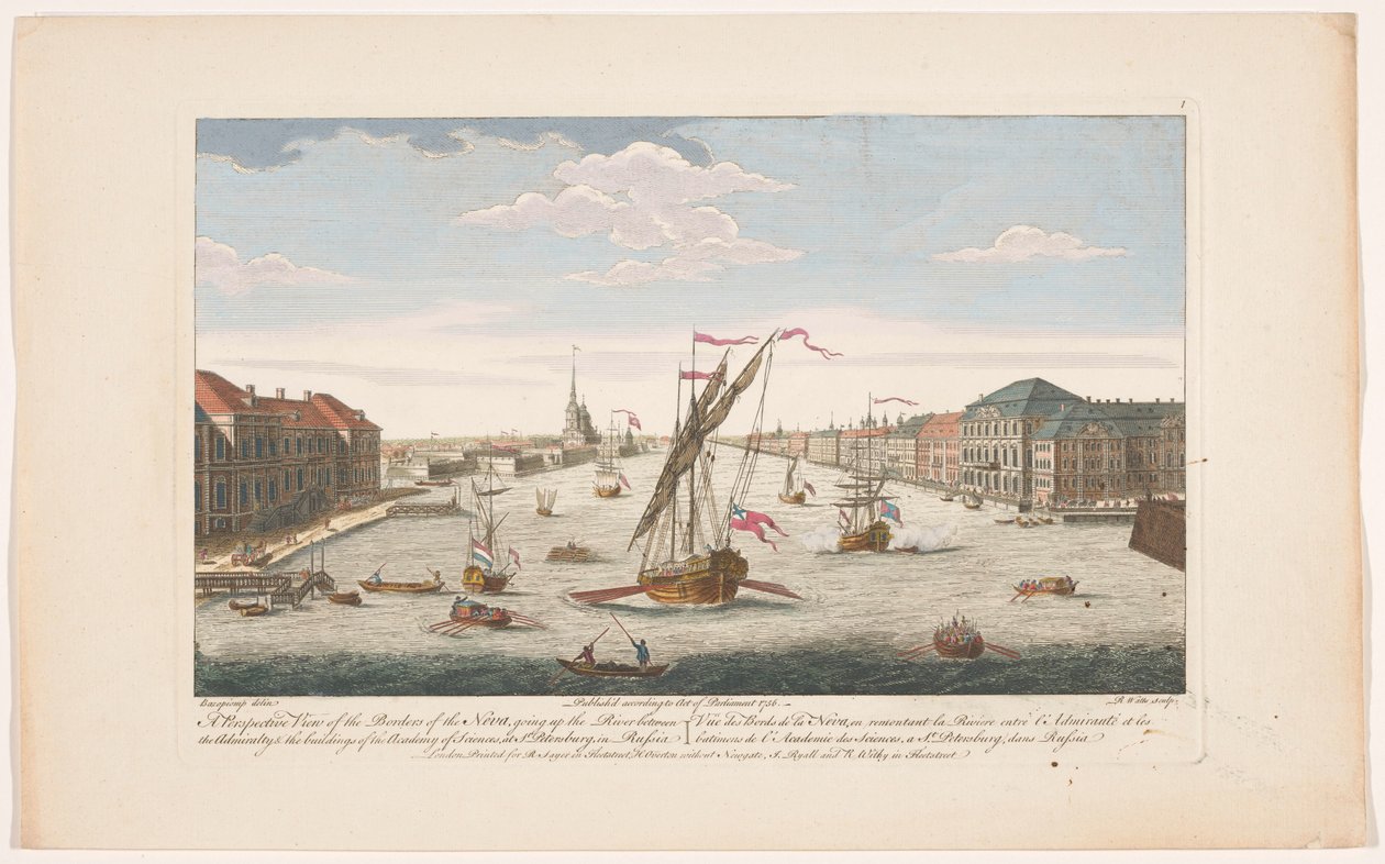 Udsigt over Neva-floden i Sankt Petersborg, set mod strømmen Et perspektivbillede af Nevas grænser, der går op ad floden (...) (titel på objektet) af Robert Sayer