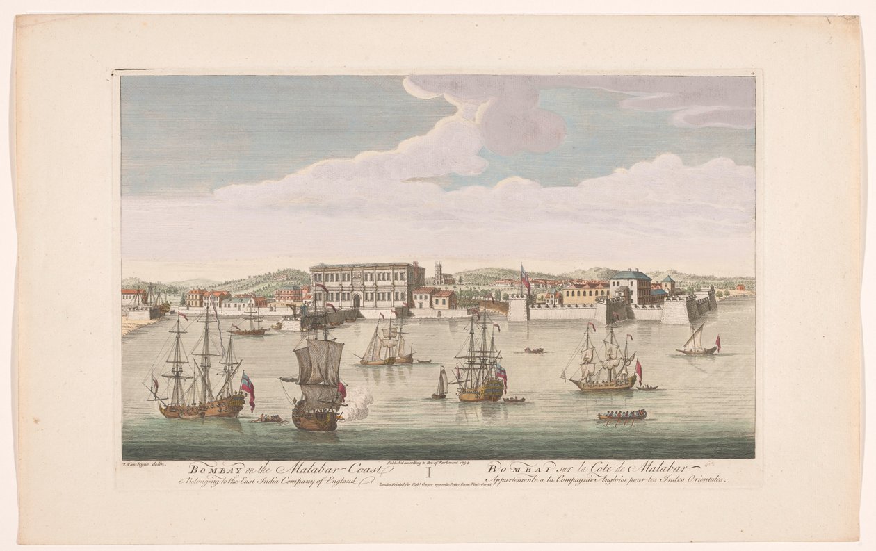 Udsigt over byen Bombay Bombay på Malabarkysten, der tilhører East India Company of England (titel på objekt) Afviklinger af VOC (serietitel) af Robert Sayer