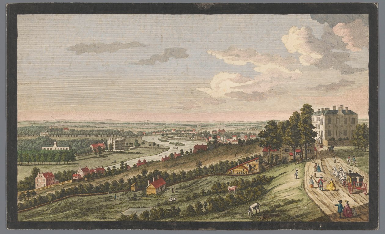 Udsigt over byen Richmond ved Themsen En vestlig udsigt over Richmond &c. i Surry, fra Star and Garter on the Hill (titel på objekt) Thames (serietitel) af Robert Sayer