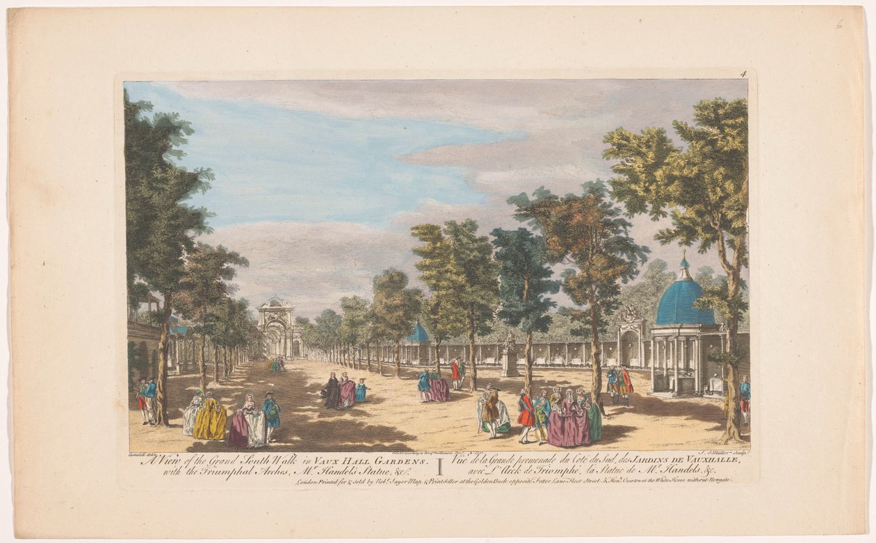Udsigt over en allé med en triumfbue i Vauxhall Gardens i London Udsigt over den store sydlige gåtur ved Vauxhall Gardens. Med triumfbuerne, Mr. Händels statue, &c (titel på objekt) Ranelagh Gardens og Vauxhall Gardens (serietitel) af Robert Sayer
