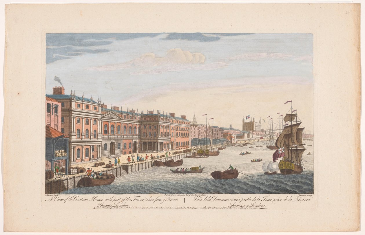 Udsigt over Custom House ved Themsen i London En udsigt over Custom House med en del af The Tower, taget fra ye river. Thames London (titel på objekt) London (serietitel) af Robert Sayer