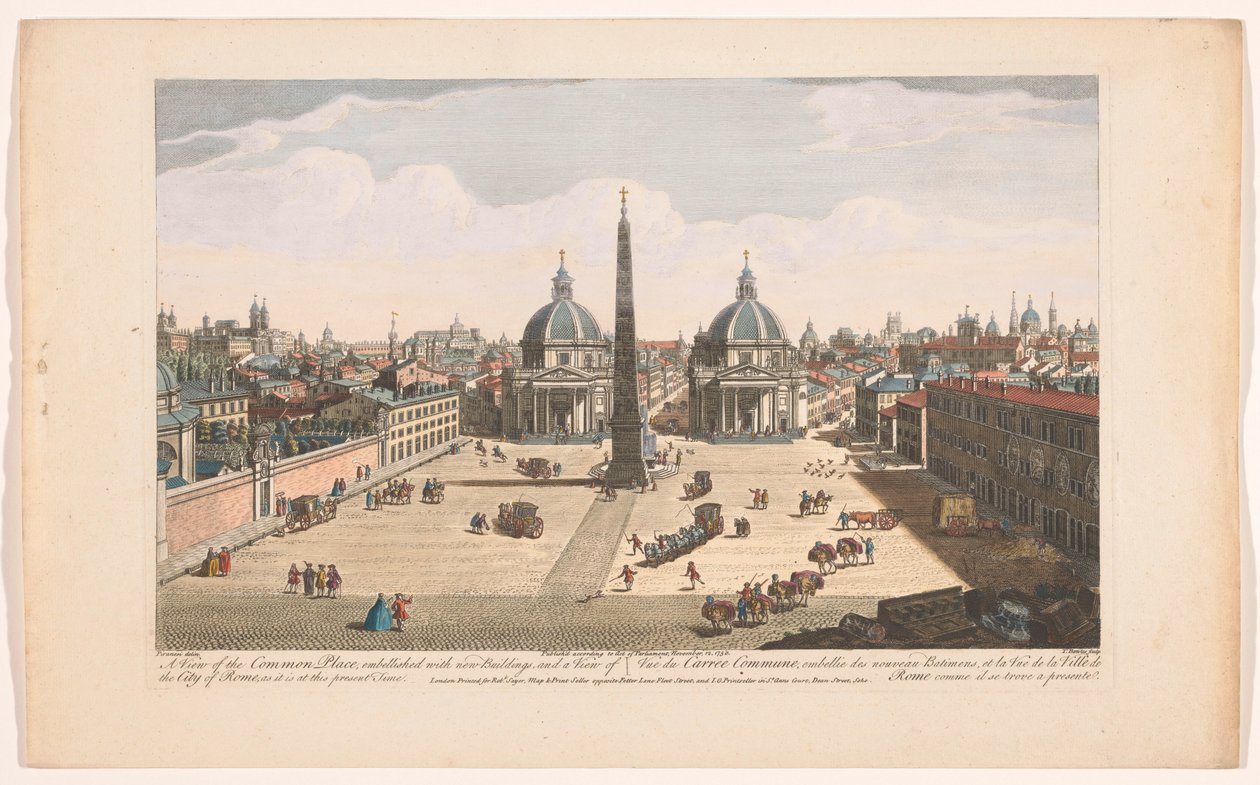 Se på Piazza del Popolo i Rom En udsigt over fællespladsen, pyntet med nye bygninger, og en udsigt over byen Rom, som den er på nuværende tidspunkt (titel på objektet) Rom (serietitel) af Robert Sayer