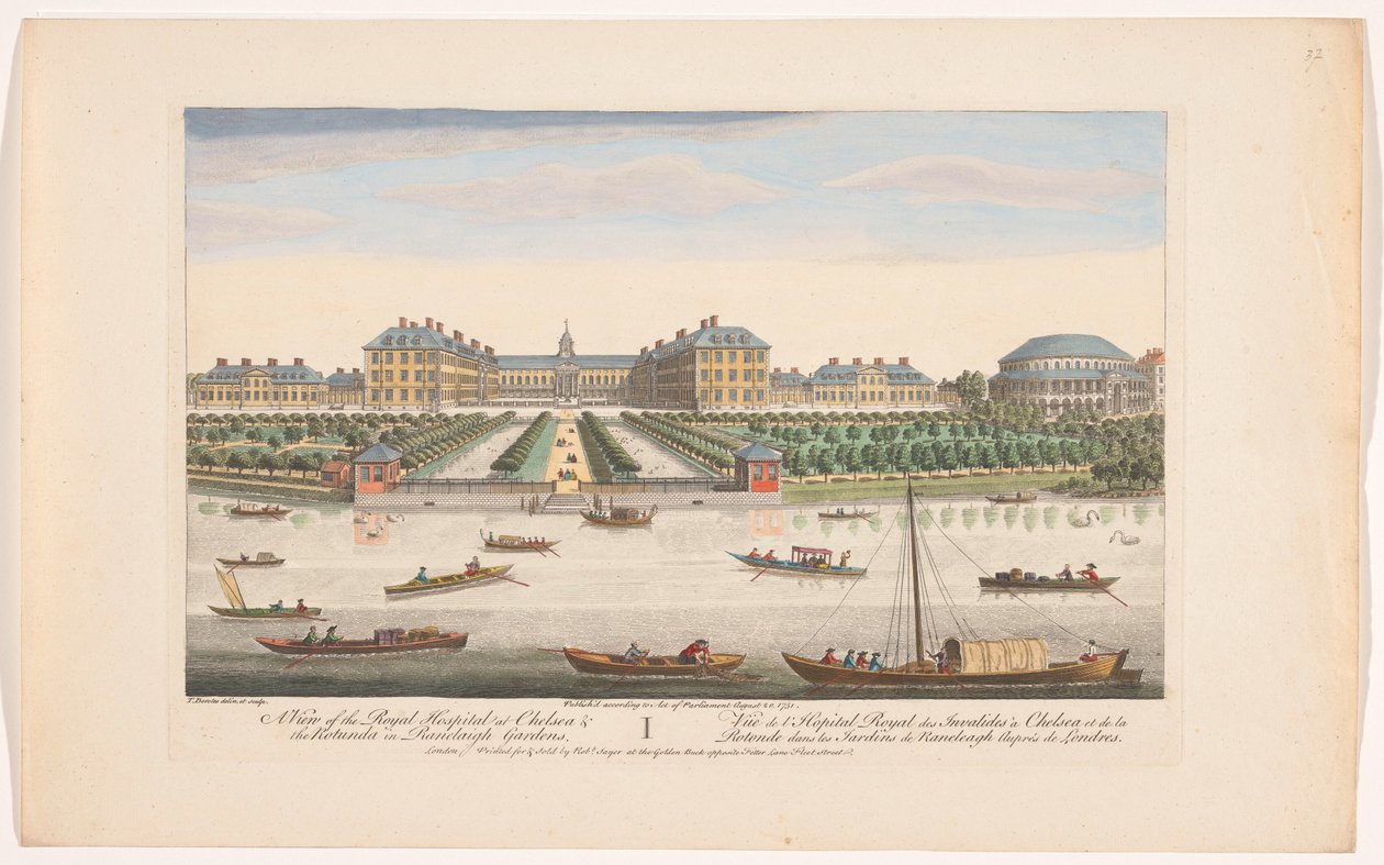 Udsigt over Royal Hospital Chelsea og Rotunda i Ranelagh Gardens i London En udsigt over Royal Hospital i Chelsea & Rotunda i Ranelaigh Gardens (titel på objekt) London (serietitel) af Robert Sayer