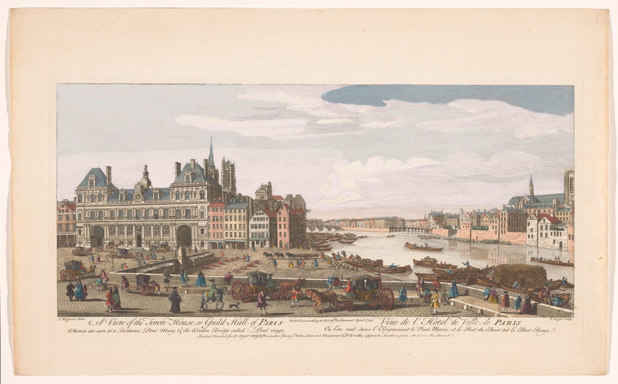 Udsigt over rådhuset og floden Seinen i Paris Udsigt over byhuset eller laugshallen i Paris (...) (titel på objektet) Paris (serietitel) af Robert Sayer