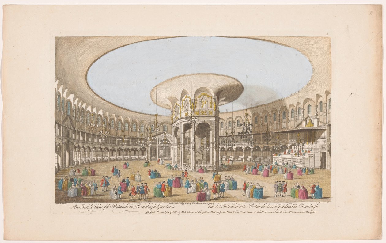 Udsigt over det indre af Rotunda i Ranelagh Gardens i London Et indvendigt billede af Rotundo ved Ranelagh Gardens (titel på objekt) Ranelagh Gardens og Vauxhall Gardens (serietitel) af Robert Sayer