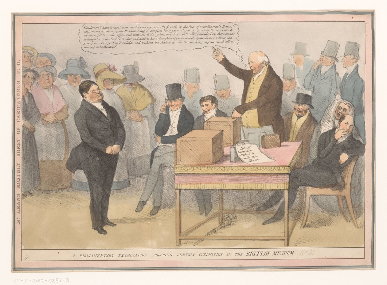 Spotprent over British Museum En parlamentarisk undersøgelse, der berører visse kuriositeter i British Museum (titel på objekt) Månedligt ark med karikaturer nr. 41. (titel på objekt) af Robert Seymour (possibly)