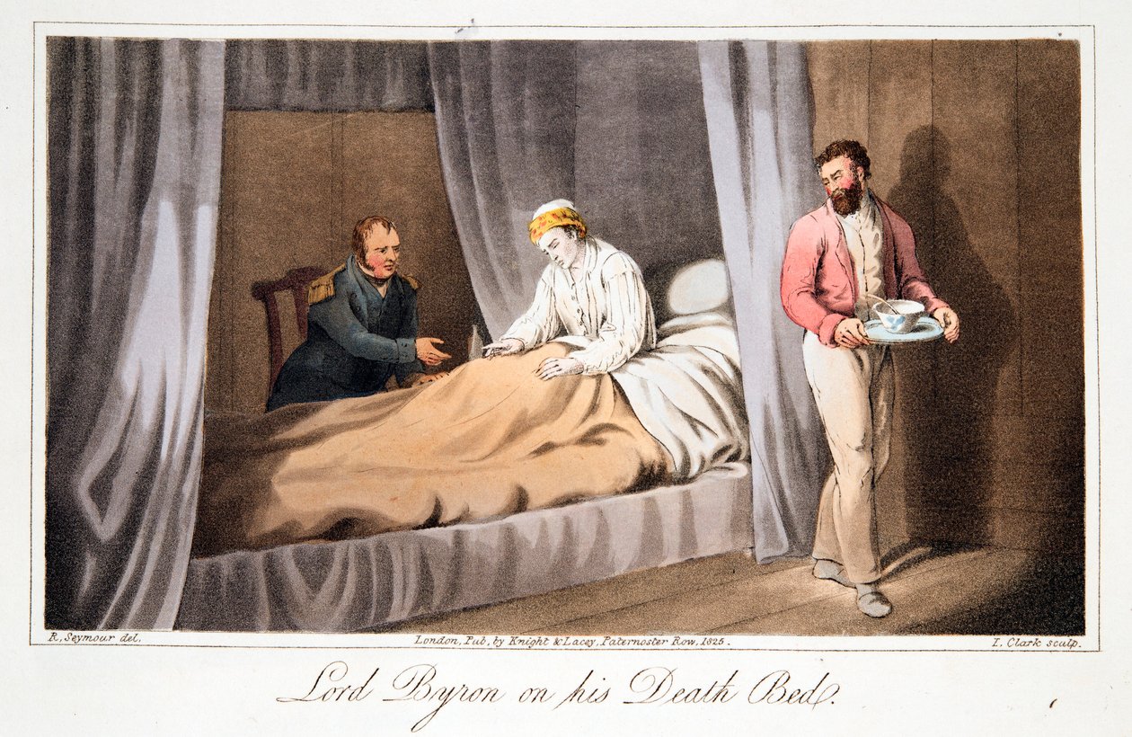 Lord Byron på sin dødsleje, pub. 1825. af Robert Seymour