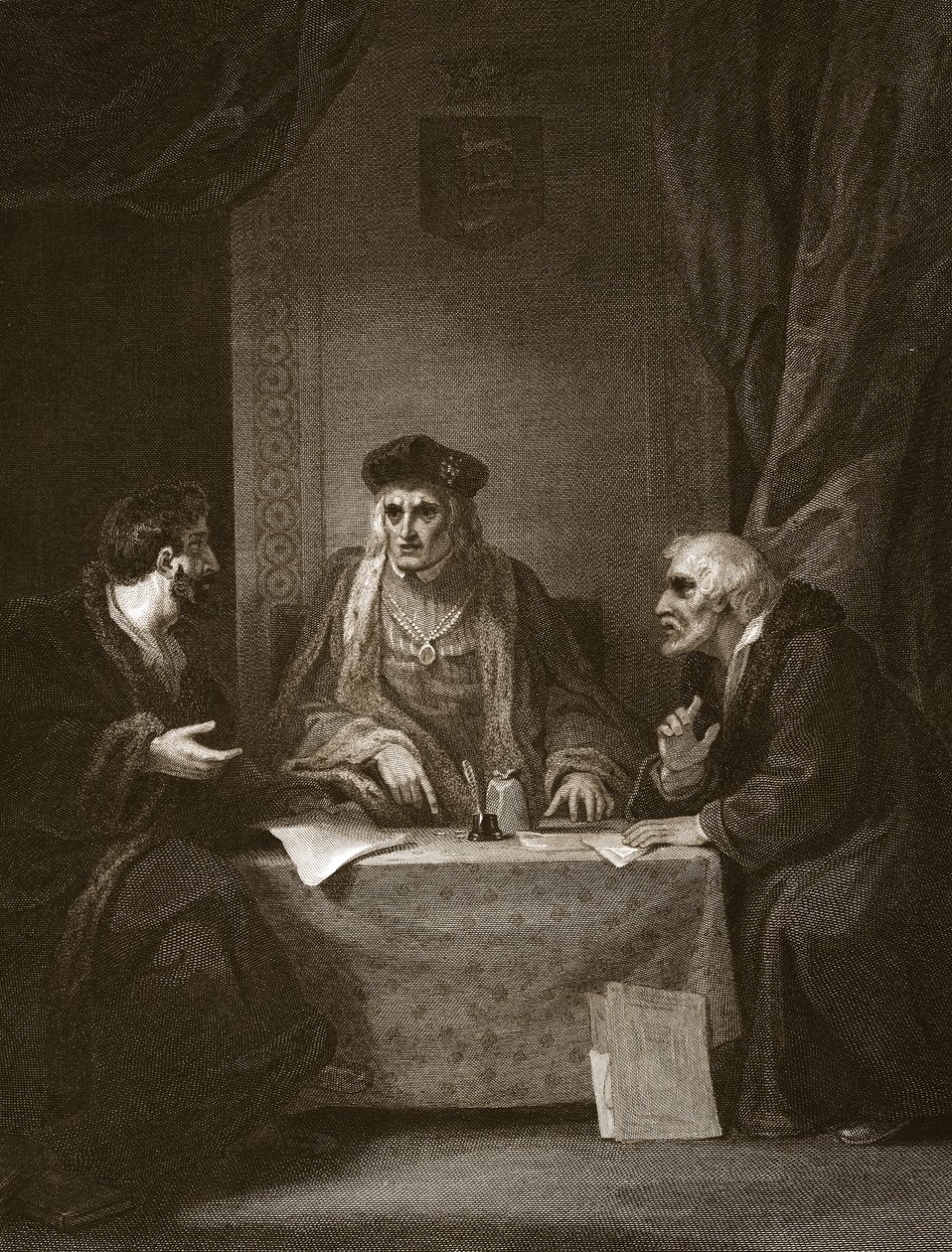 Henry VII med Empson und Dudley, graveret af Worthington, illustration fra David Humes 