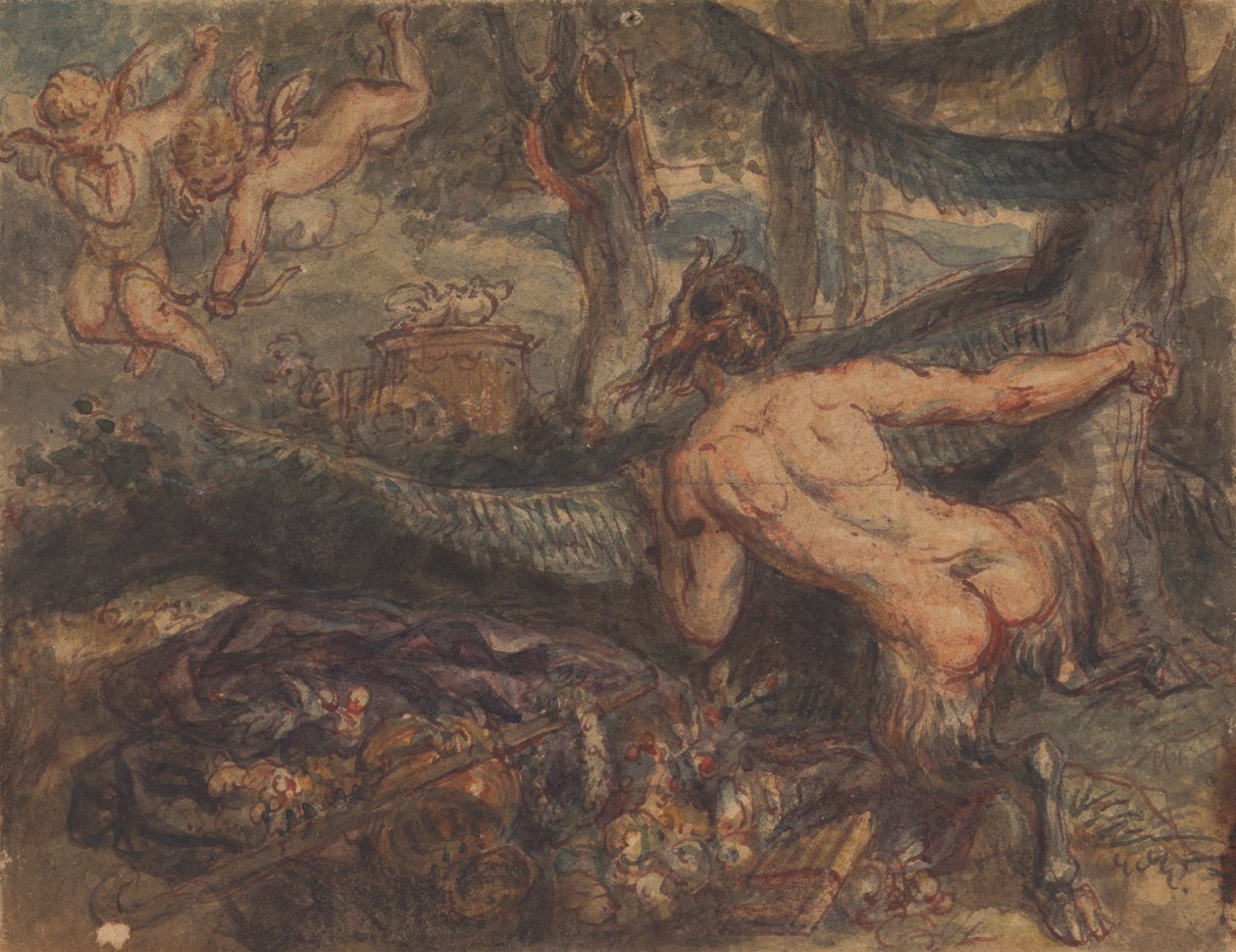 Panorer, spionerer, bag et træ, ved Putti, skyder pile af Robert Smirke