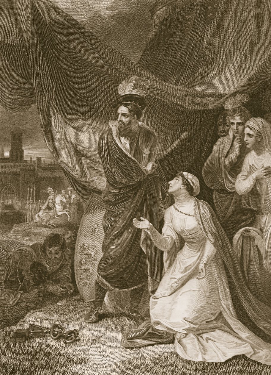 The Surrender of Calais, indgraveret af A. Smith, illustration fra David Humes 