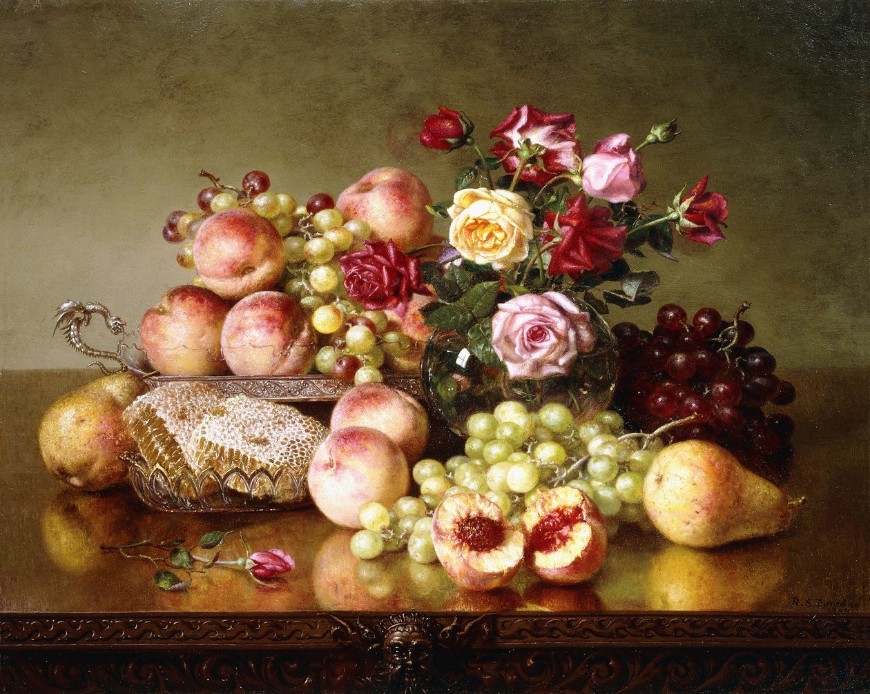 Frugtstilleben med roser og honeycomb, 1904 af Robert Spear Dunning
