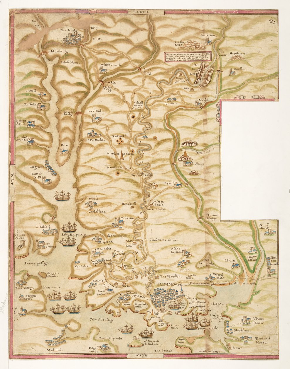 Et farvet kort over Plymouth Harbour og over landet op til Tavistock; tegnet muligvis af Robert Spry af Robert Spry