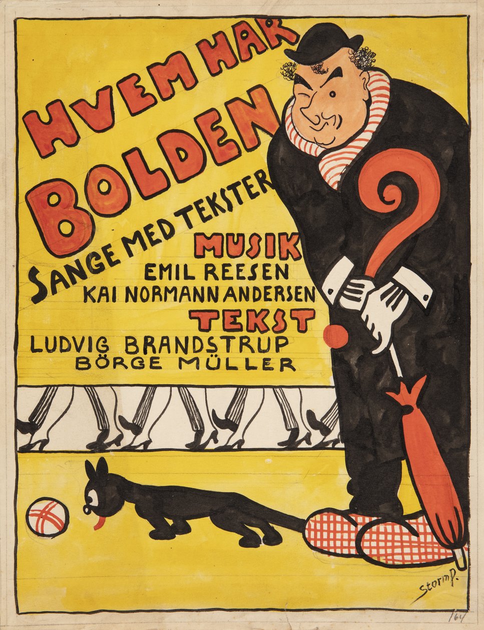 Forlæg til titelblad til "Hvem har Bolden". Karikeret portræt af Carl Alstrup af Robert Storm Petersen
