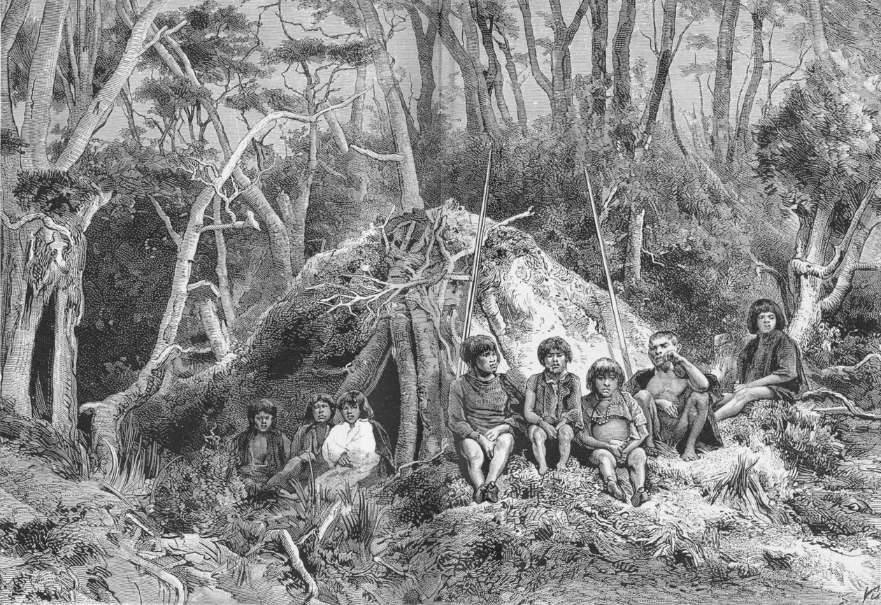 Fuegians and their Wigwams, c1885, 1890 af Robert Taylor Pritchett